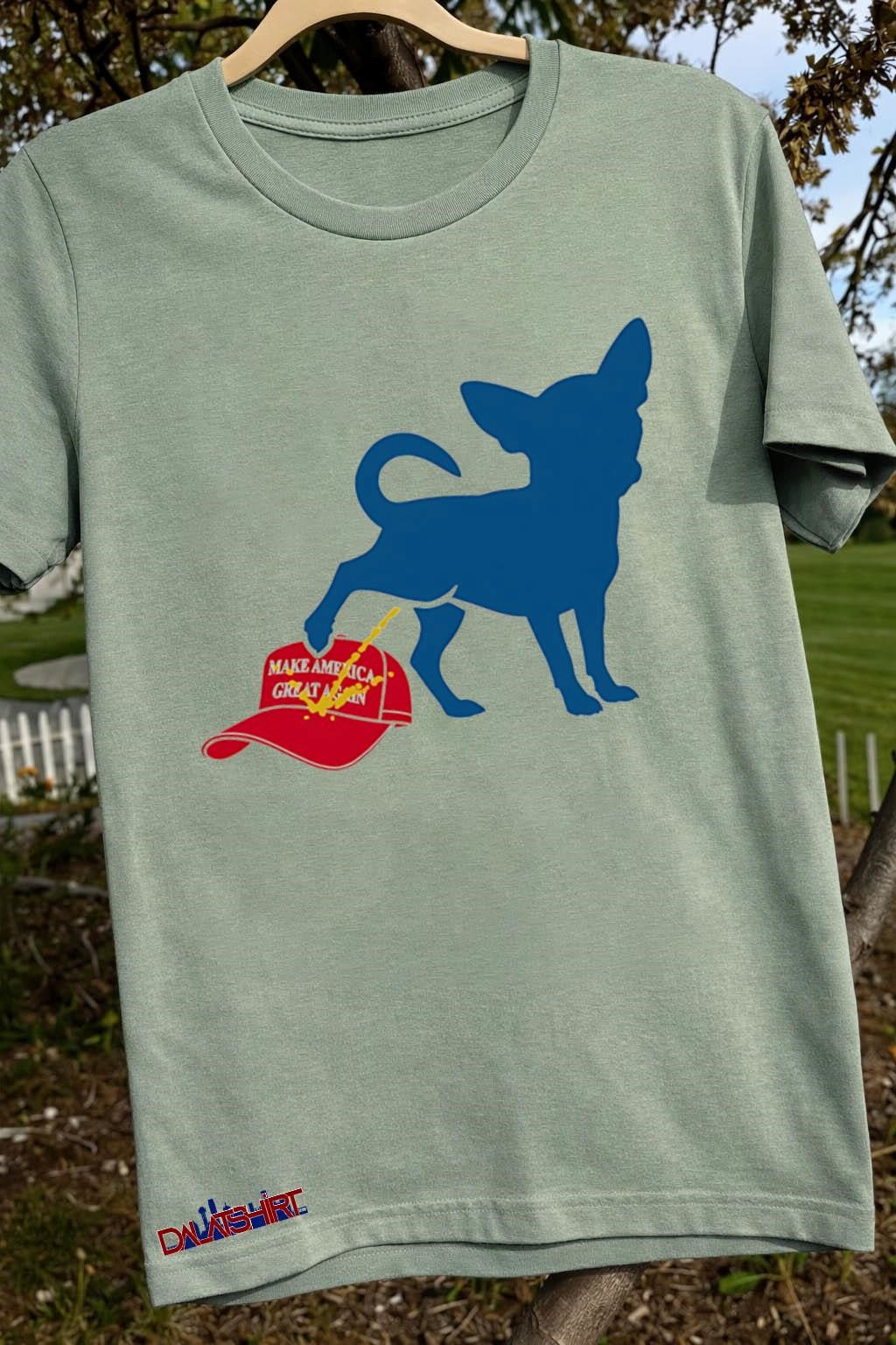 Chihuahua peeing on red Make America Great Again hat shirt