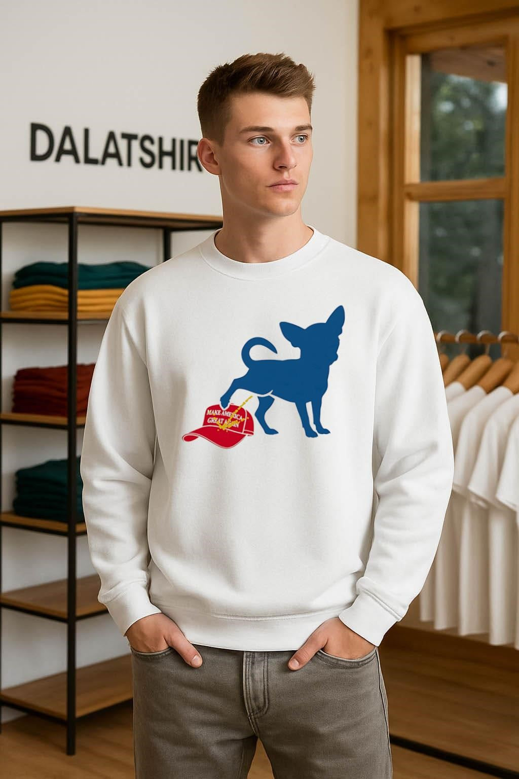 Chihuahua peeing on red Make America Great Again hat shirt