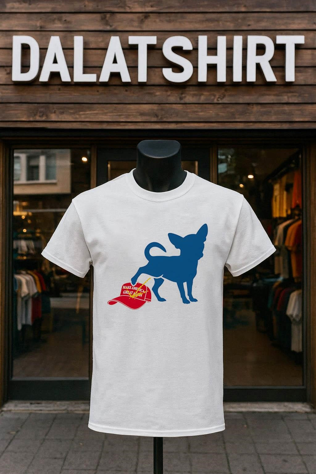 Chihuahua peeing on red Make America Great Again hat shirt