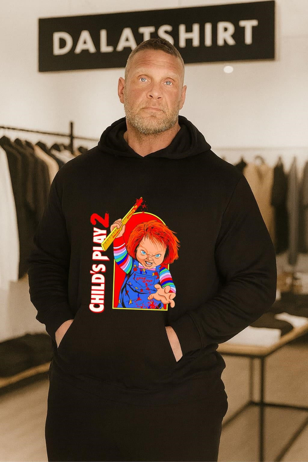 Child’s Play 2 Chucky Holding Bloody Ruler Good Guys Overalls shirt