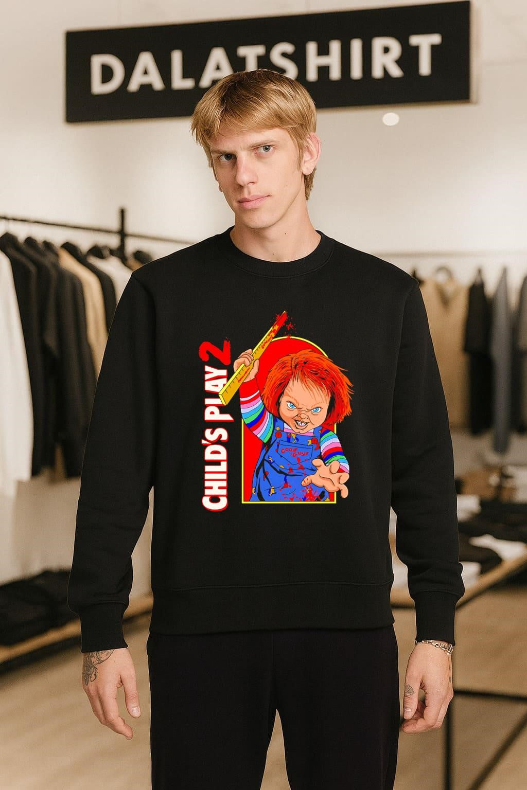 Child’s Play 2 Chucky Holding Bloody Ruler Good Guys Overalls shirt