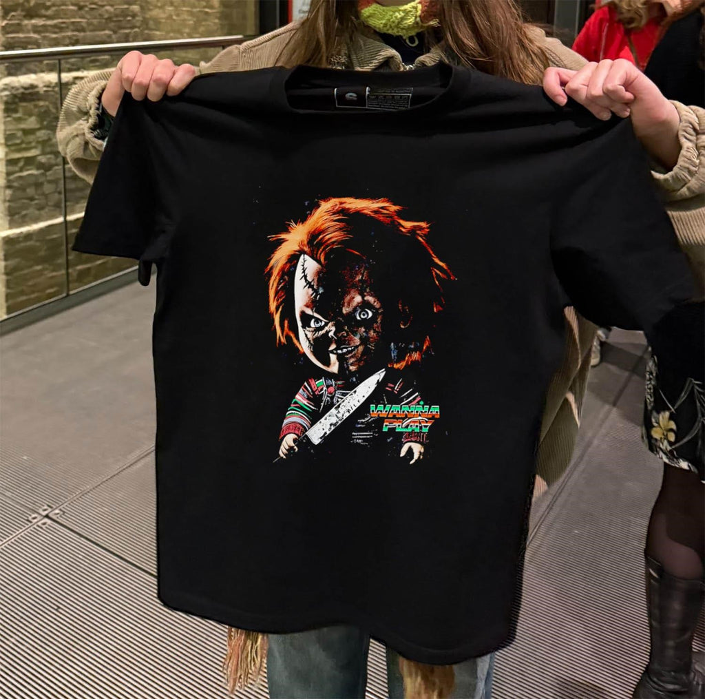Chucky Wanna Play Horror Movie Character Holding Knife Graphic shirt