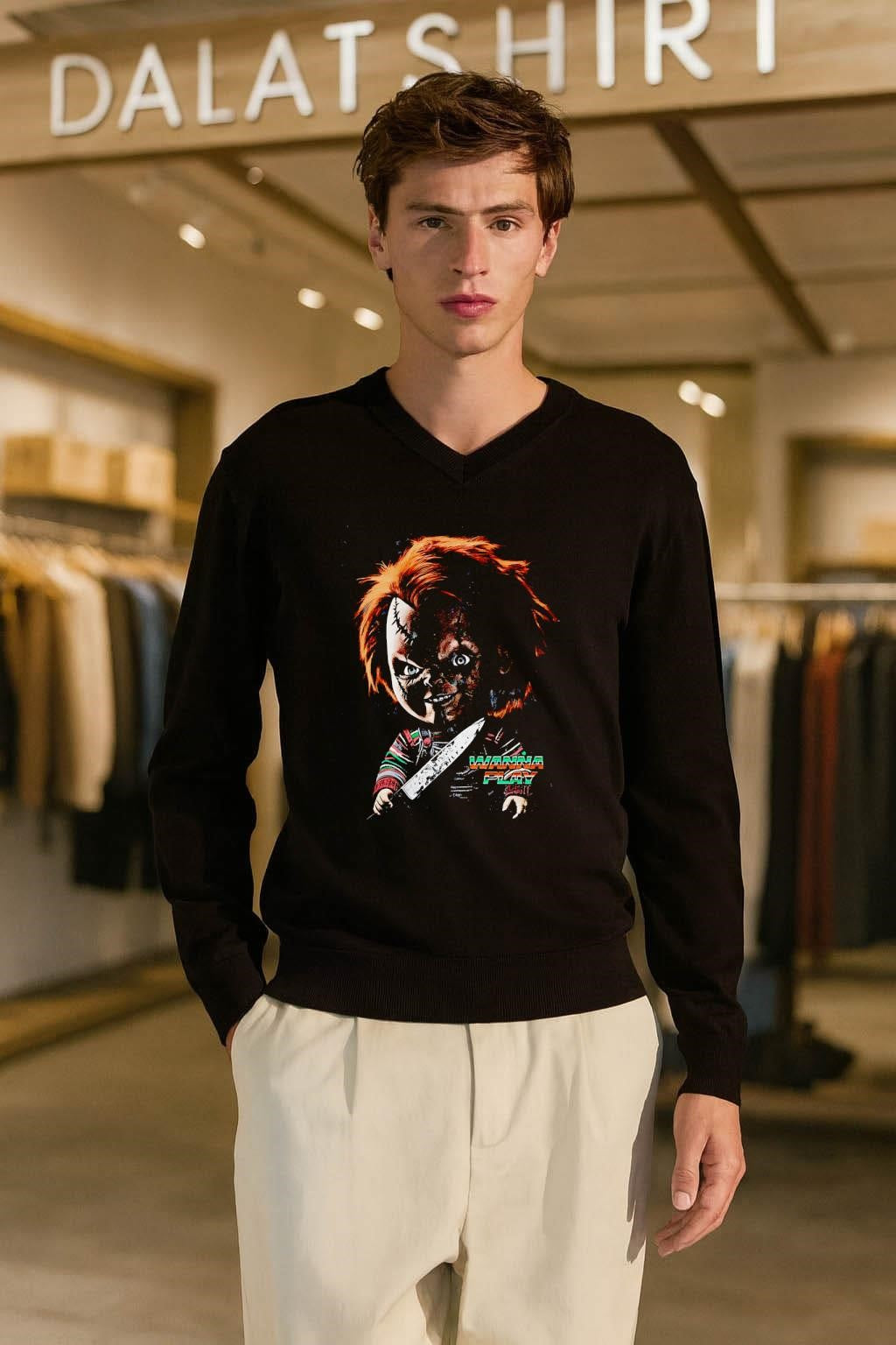 Chucky Wanna Play Horror Movie Character Holding Knife Graphic shirt