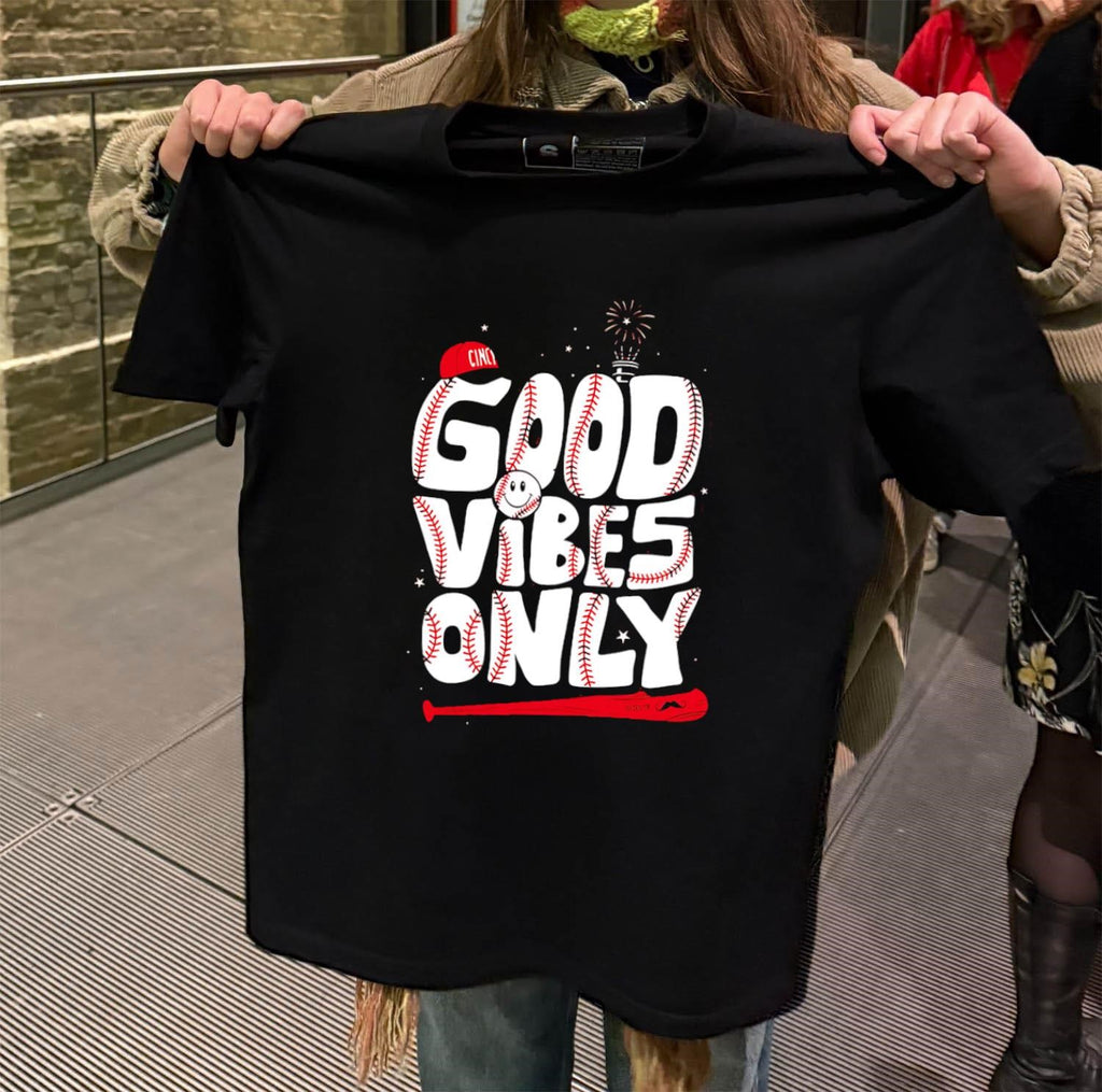 Cincy Good Vibes Only Baseball Smiley Face Fireworks shirt