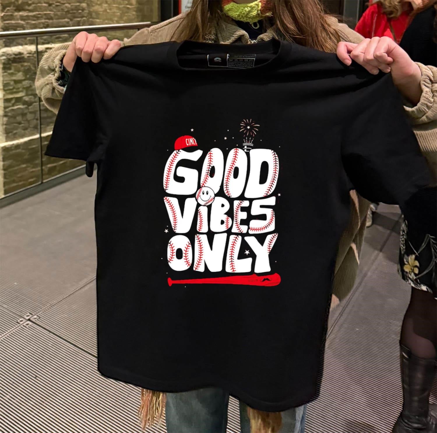 Cincy Good Vibes Only Baseball Smiley Face Fireworks shirt