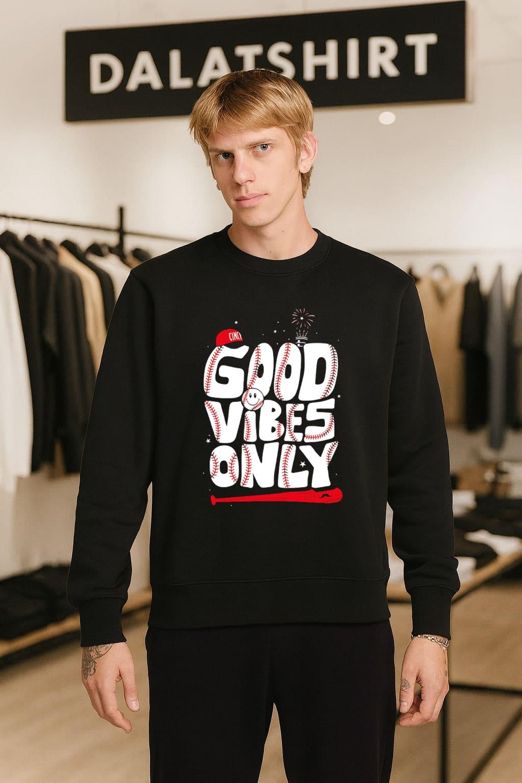 Cincy Good Vibes Only Baseball Smiley Face Fireworks shirt