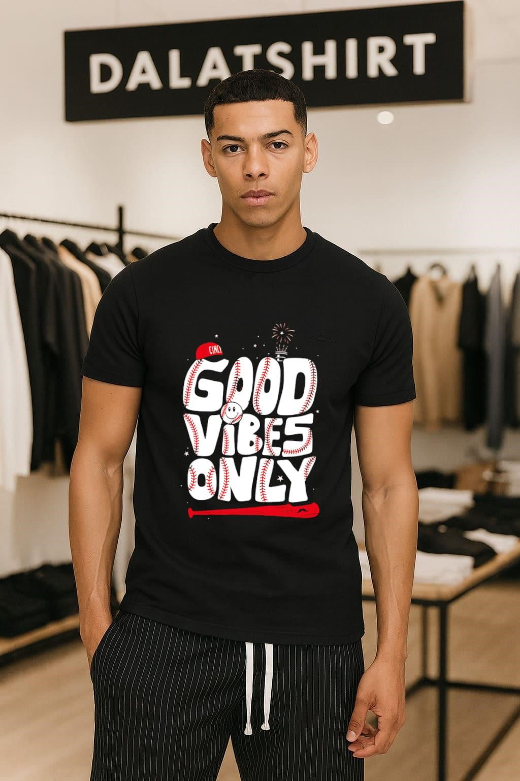 Cincy Good Vibes Only Baseball Smiley Face Fireworks shirt