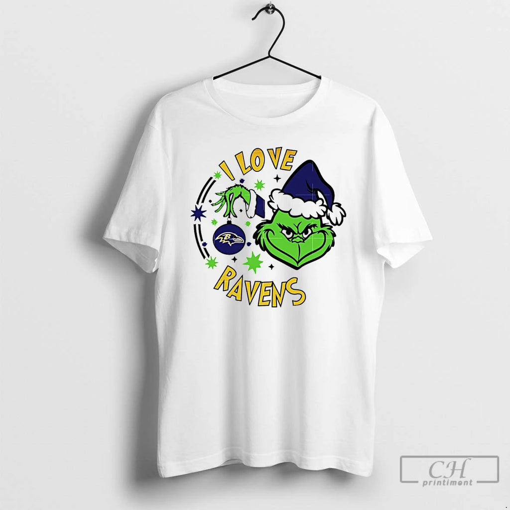 Classic Baltimore Ravens X Santa Grinch I Love Ravens Christmas White T Shirts