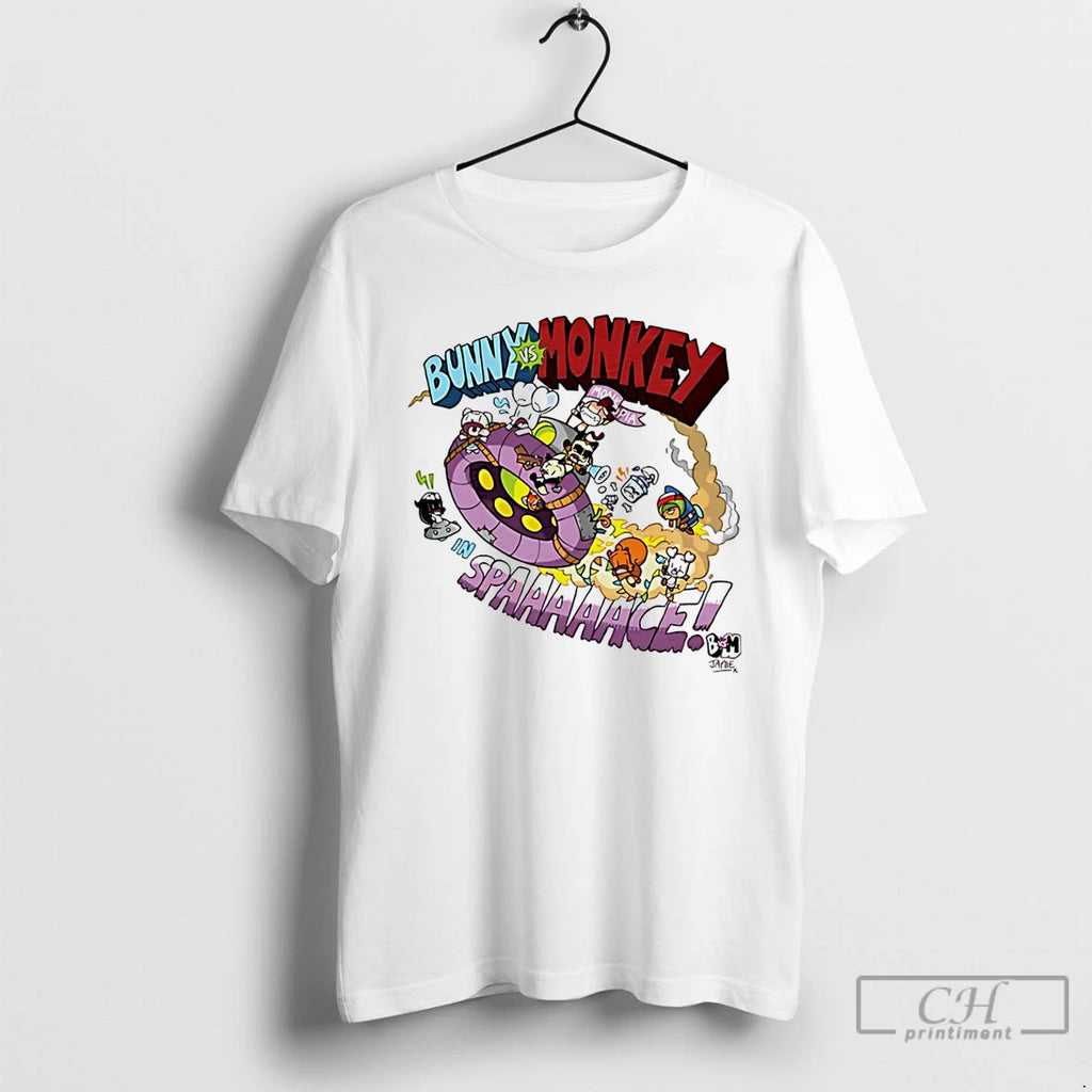 Classic Bunny Vs Monkey In Space Cartoon T Shirts Hoodie Longsleeve
