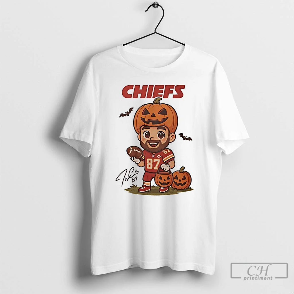 Classic Chiefs Travis Kelce Pumpkin Halloween 2025 Signature Cartoon T Shirts Hoodie Longsleeve