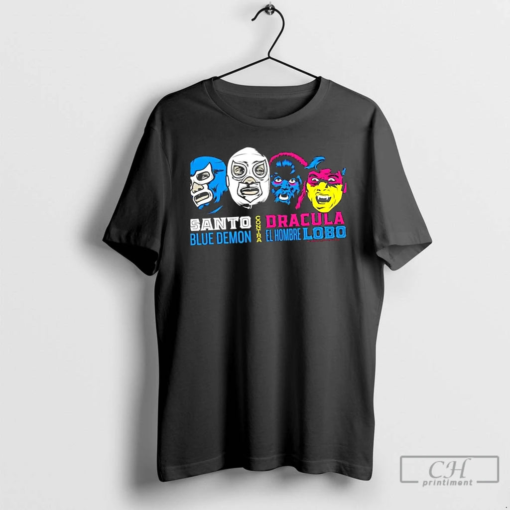 Classic Cinelucha Santo And Demon Vs Dracula And Hombre Lobo T Shirts Hoodie Longsleeve