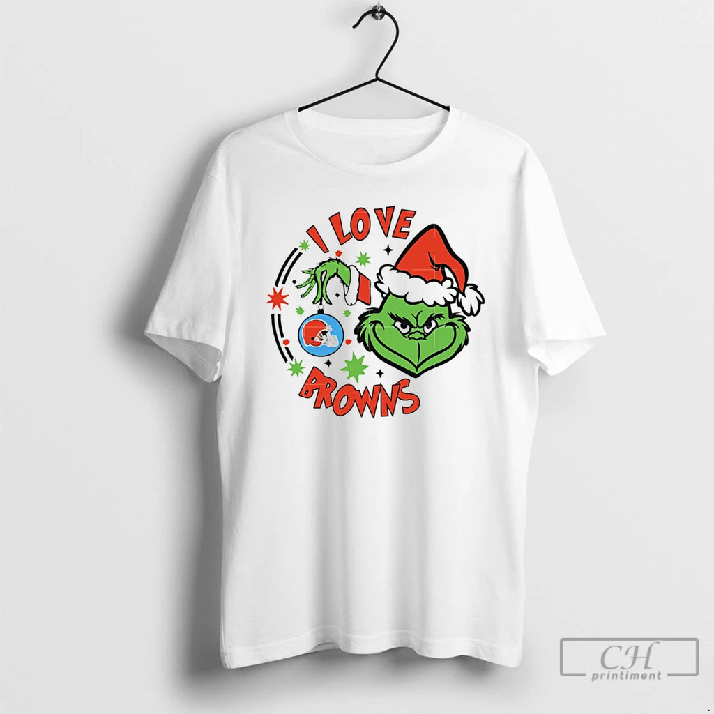 Classic Cleveland Browns X Santa Grinch I Love Browns Christmas White T Shirts