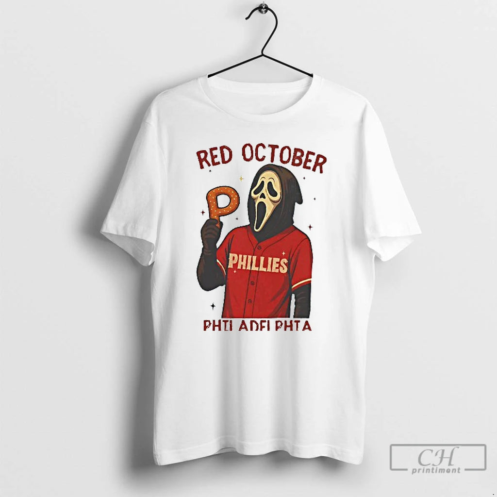 Classic Ghost Face With P Donut Red October Philadelphia Phillies Mens White Tee T Shirts