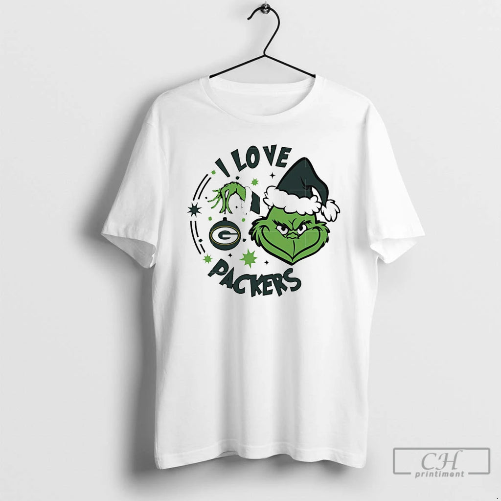 Classic Green Bay Packers X Santa Grinch I Love Packers Christmas White T Shirts