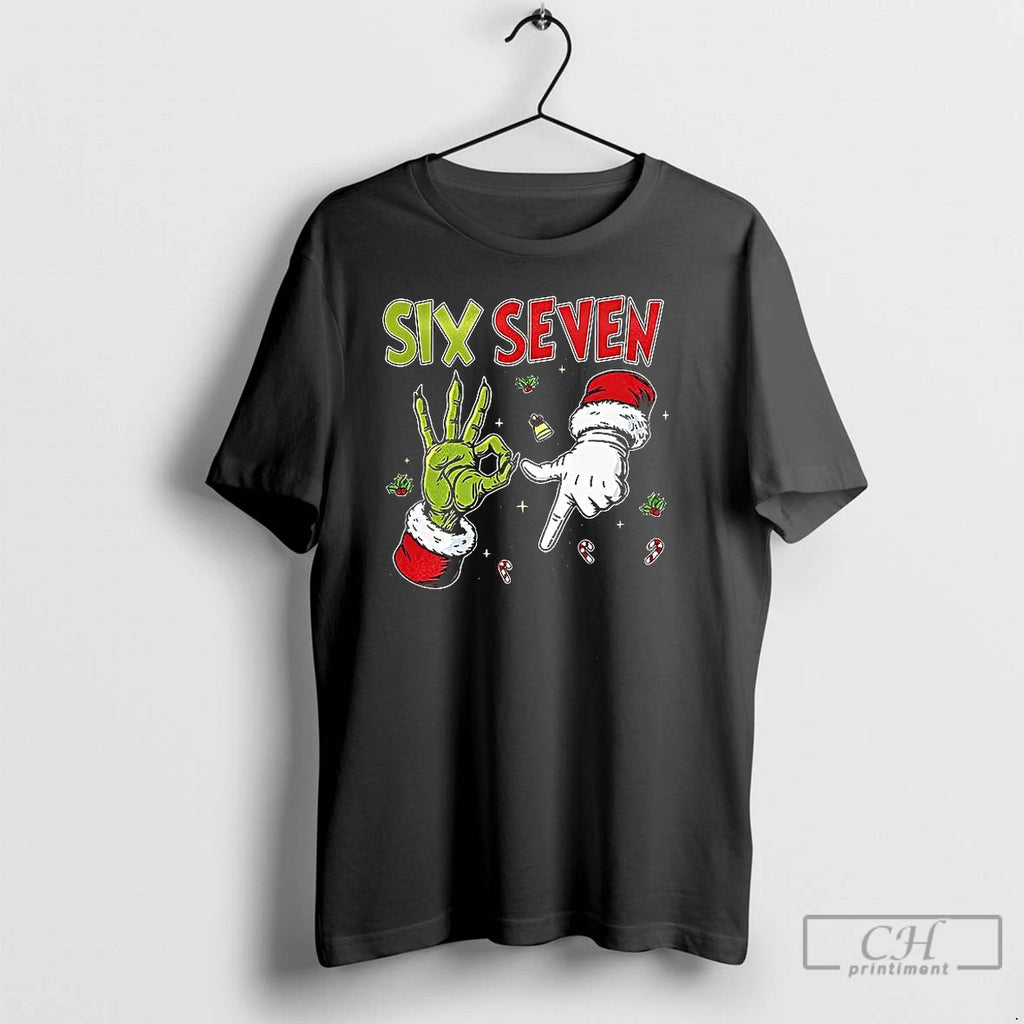 Classic Grinch And Santa Hands Six Seven Christmas T Shirts