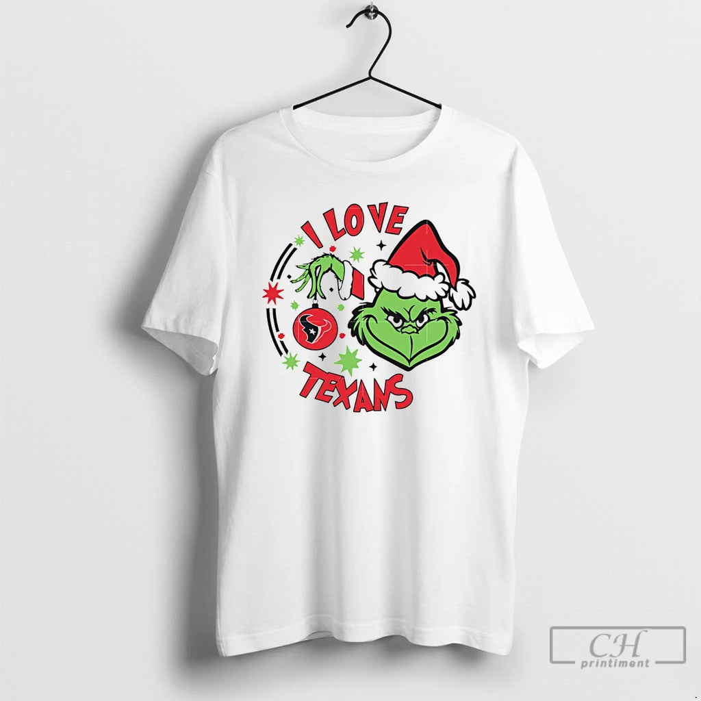 Classic Houston Texans X Santa Grinch I Love Texans Christmas White T Shirts