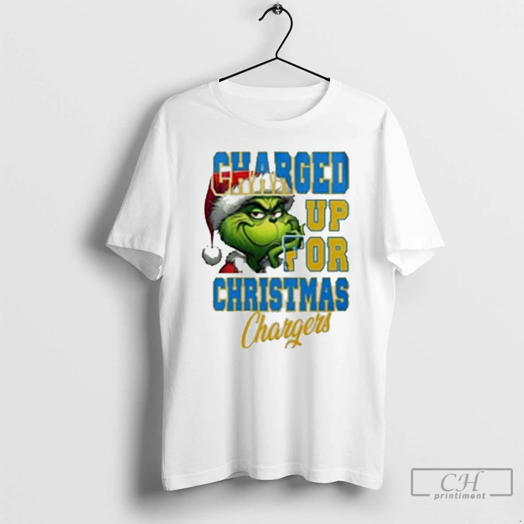 Classic Los Angeles Chargers Charged Up For Christmas Chargers Grinch White T Shirts