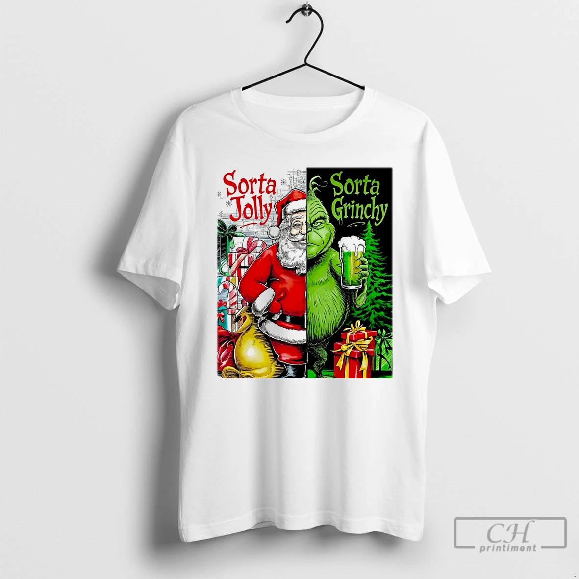 Classic Santa Claus X Grinch Sorta Jolly Sorta Grinch Christmas White T Shirts