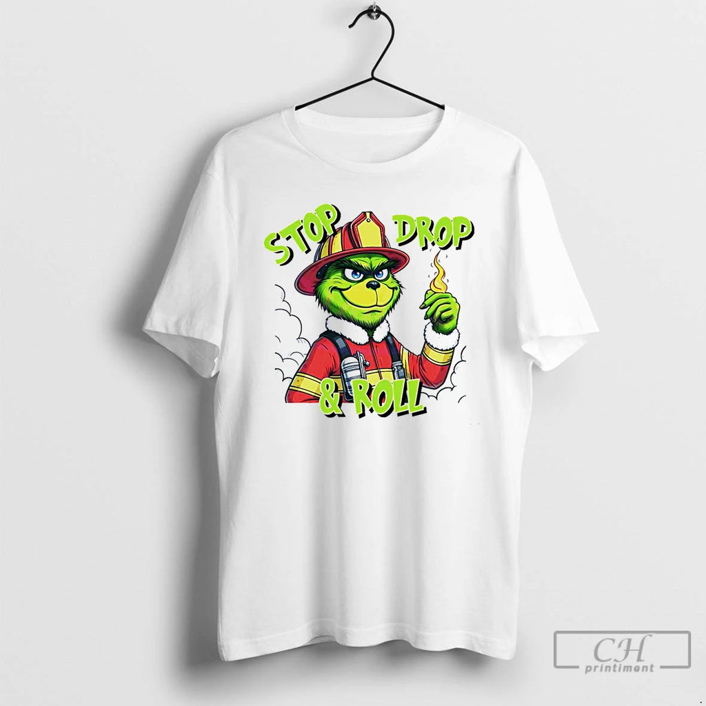 Classic Stop Drop And Roll Grinch Christmas Fireman White T Shirts