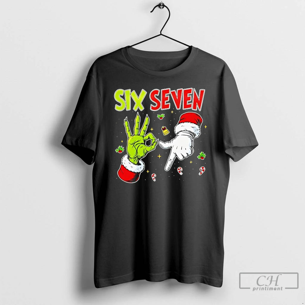 Classic The Grinch And Santa Hands Six Seven Christmas T Shirts