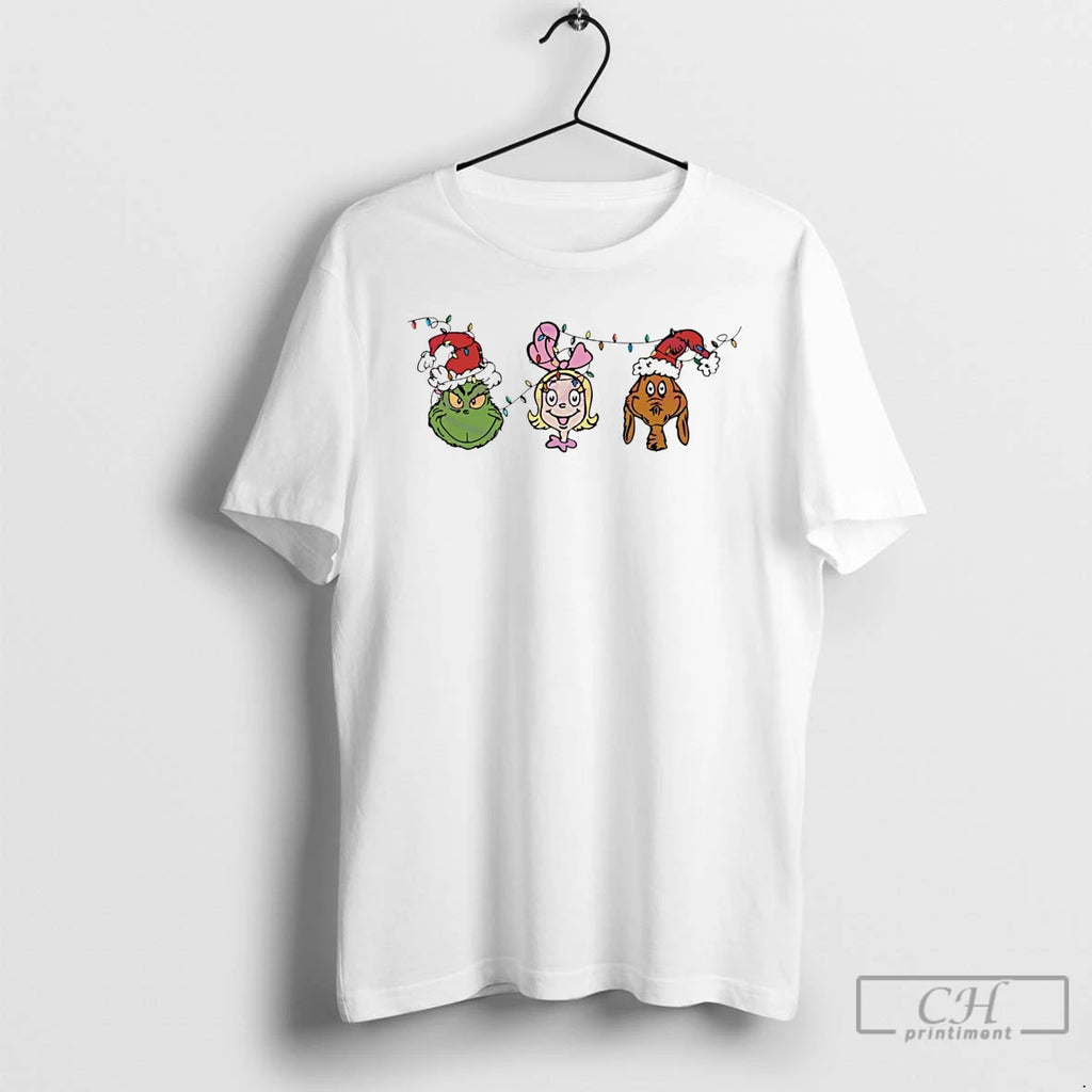 Classic The Grinch Characters Christmas Light Santa Hat White T Shirts