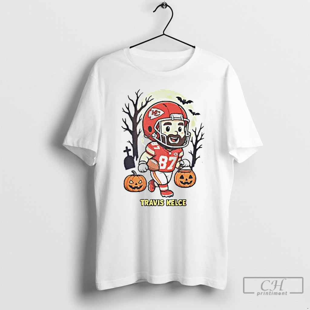 Classic Travis Kelce Kansas City Chiefs With Pumpkin Bucket Halloween Mens White Tee T Shirts