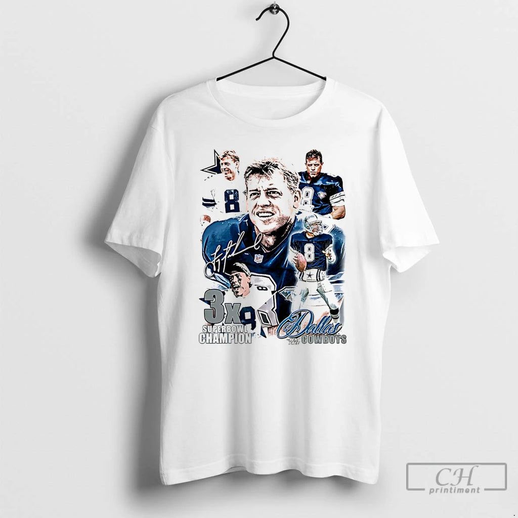 Classic Troy Aikman Dallas Cowboys 3x Superbowl Champion Signature Vintage T Shirts Hoodie Longsleeve