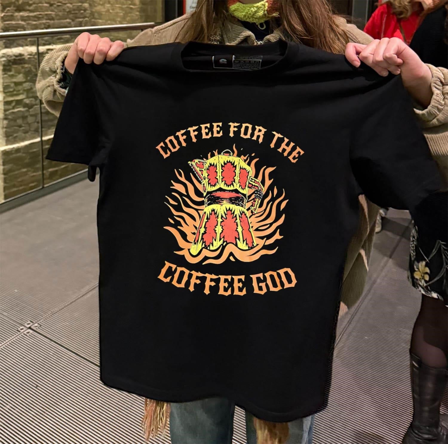 Coffee For The Coffee God Moka Pot Flames shirt