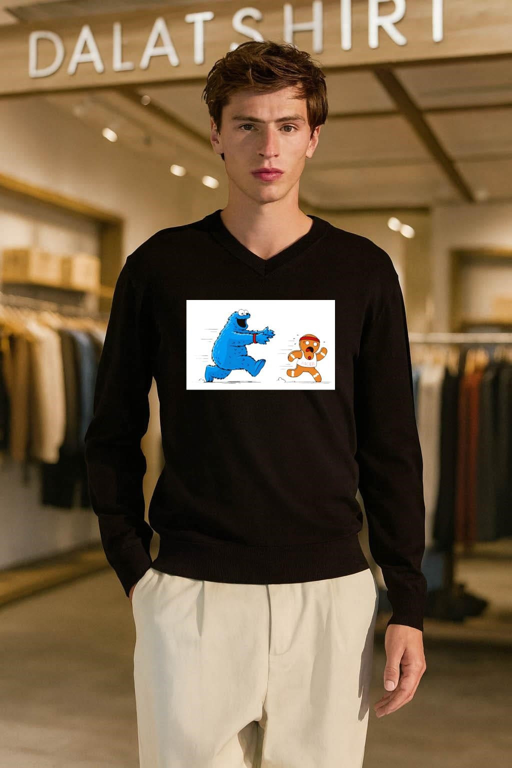 Cookie Monster Chasing Gingerbread Pacer Man Funny Cartoon shirt