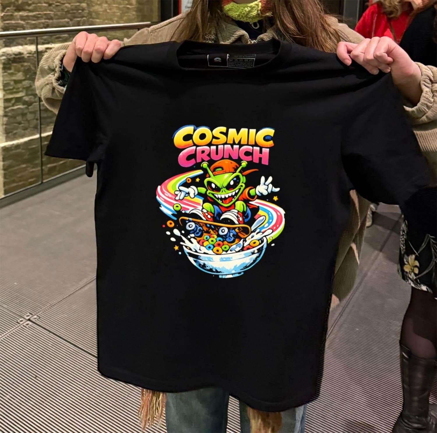 Cosmic Crunch alien skateboarding on a rainbow cereal bowl shirt