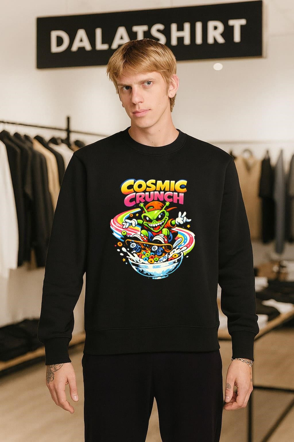 Cosmic Crunch alien skateboarding on a rainbow cereal bowl shirt
