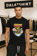 Cosmic Crunch alien skateboarding on a rainbow cereal bowl shirt