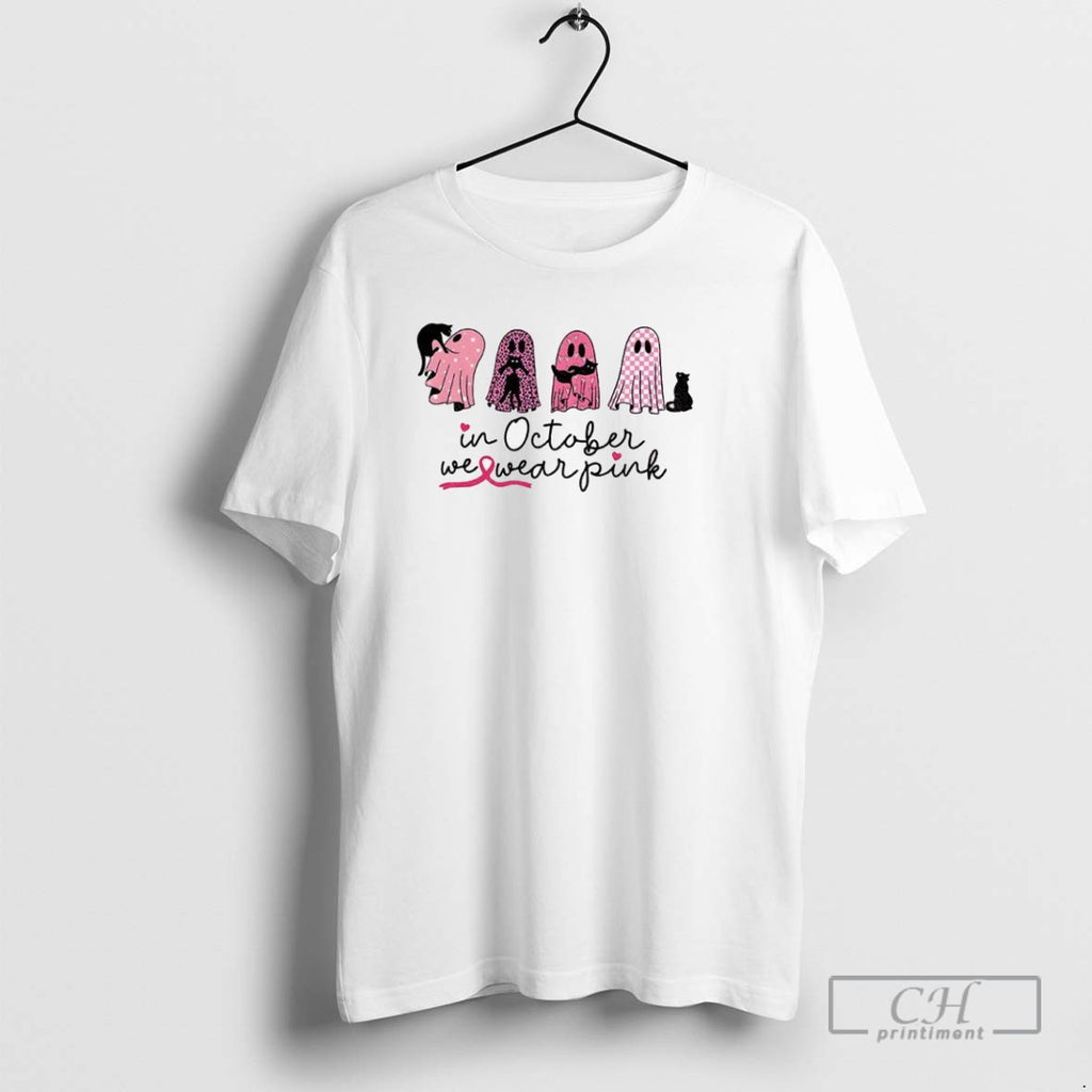 Cute Ghost Black Cat In October We Wear Pink Spooky Halloween T Shirts