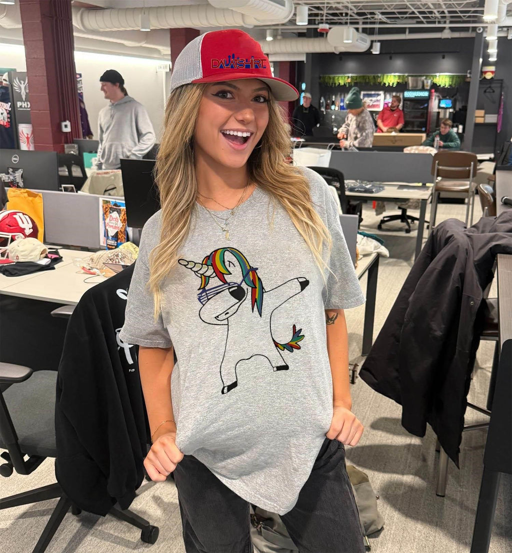 Dabbing Unicorn with Rainbow Hair and Shutter Shades shirt
