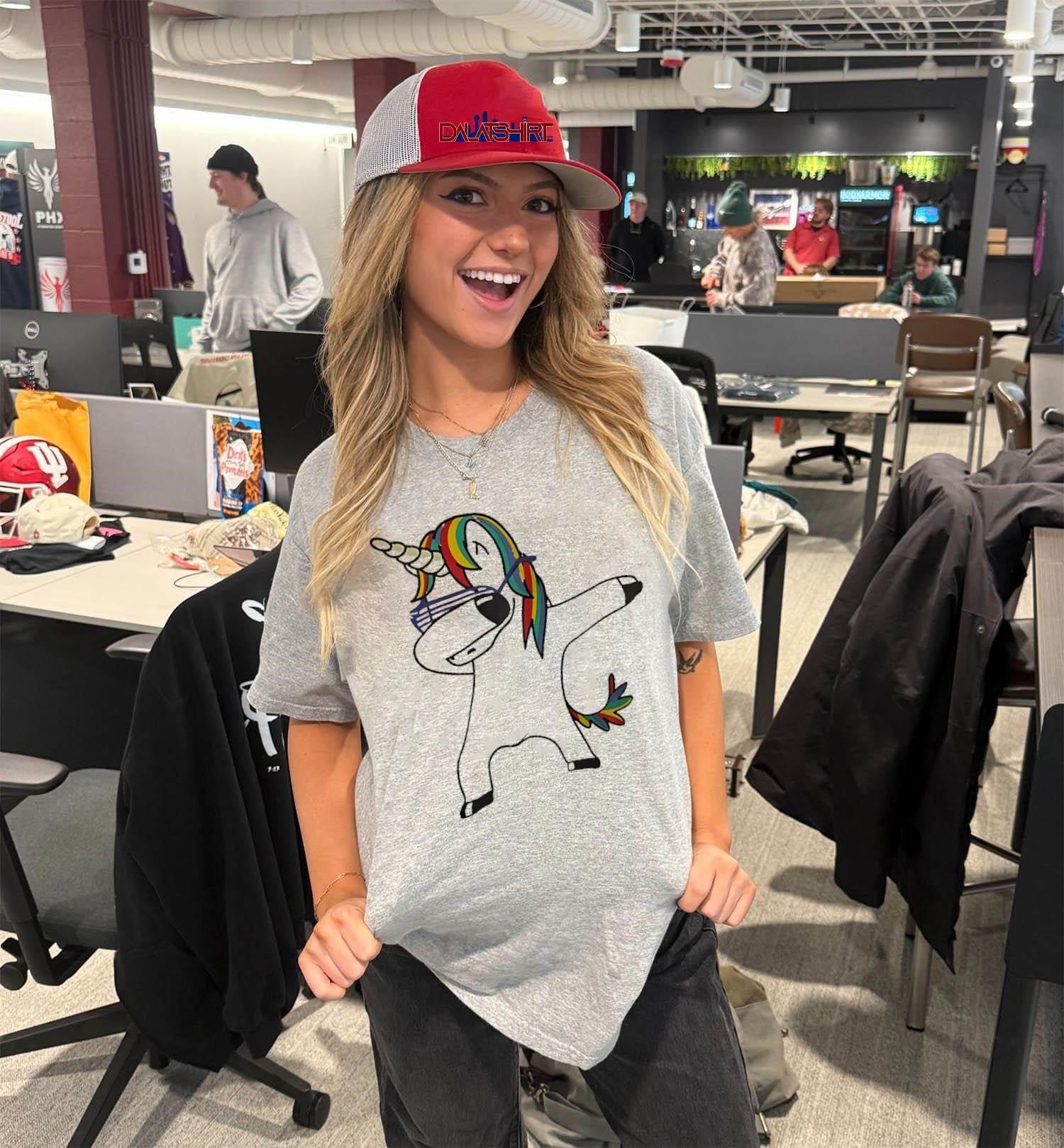 Dabbing Unicorn with Rainbow Hair and Shutter Shades shirt