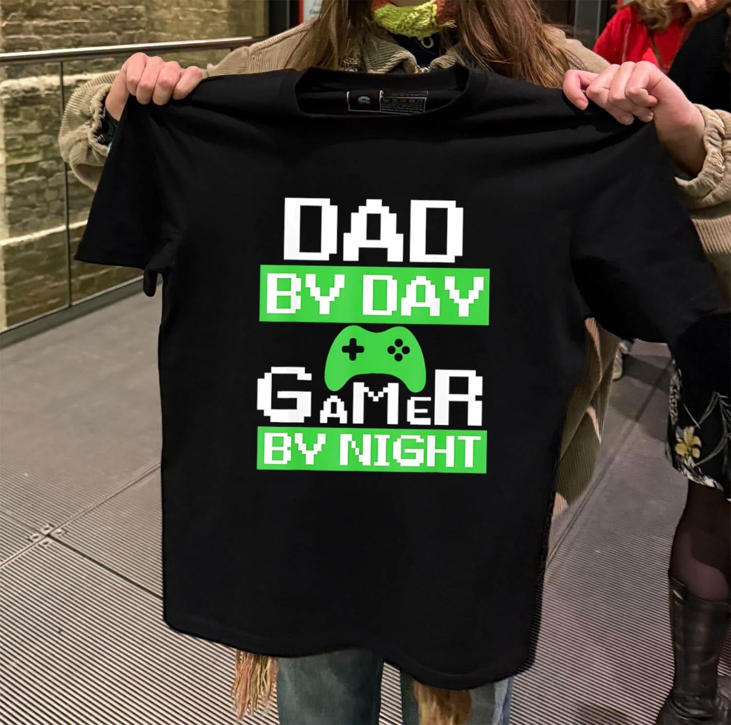 Dad By Day Gamer By Night Green Pixel Controller shirt