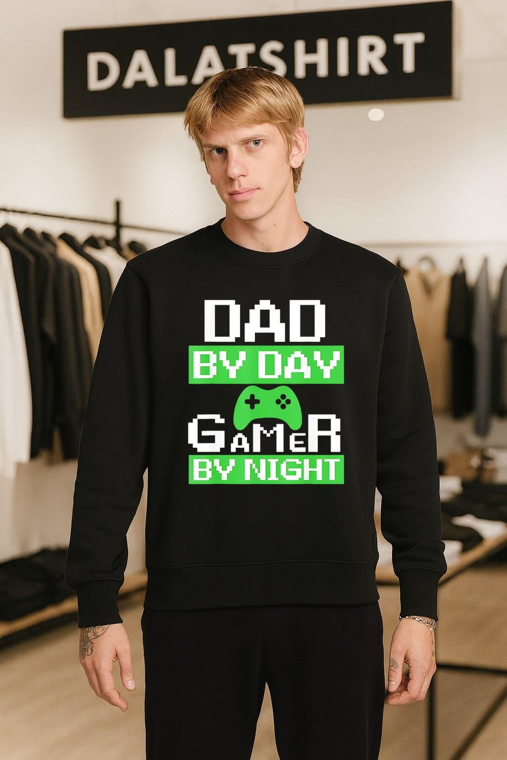 Dad By Day Gamer By Night Green Pixel Controller shirt