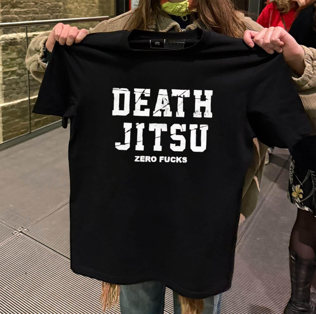 Death Jitsu Zero Fucks Distressed White Block Letters shirt