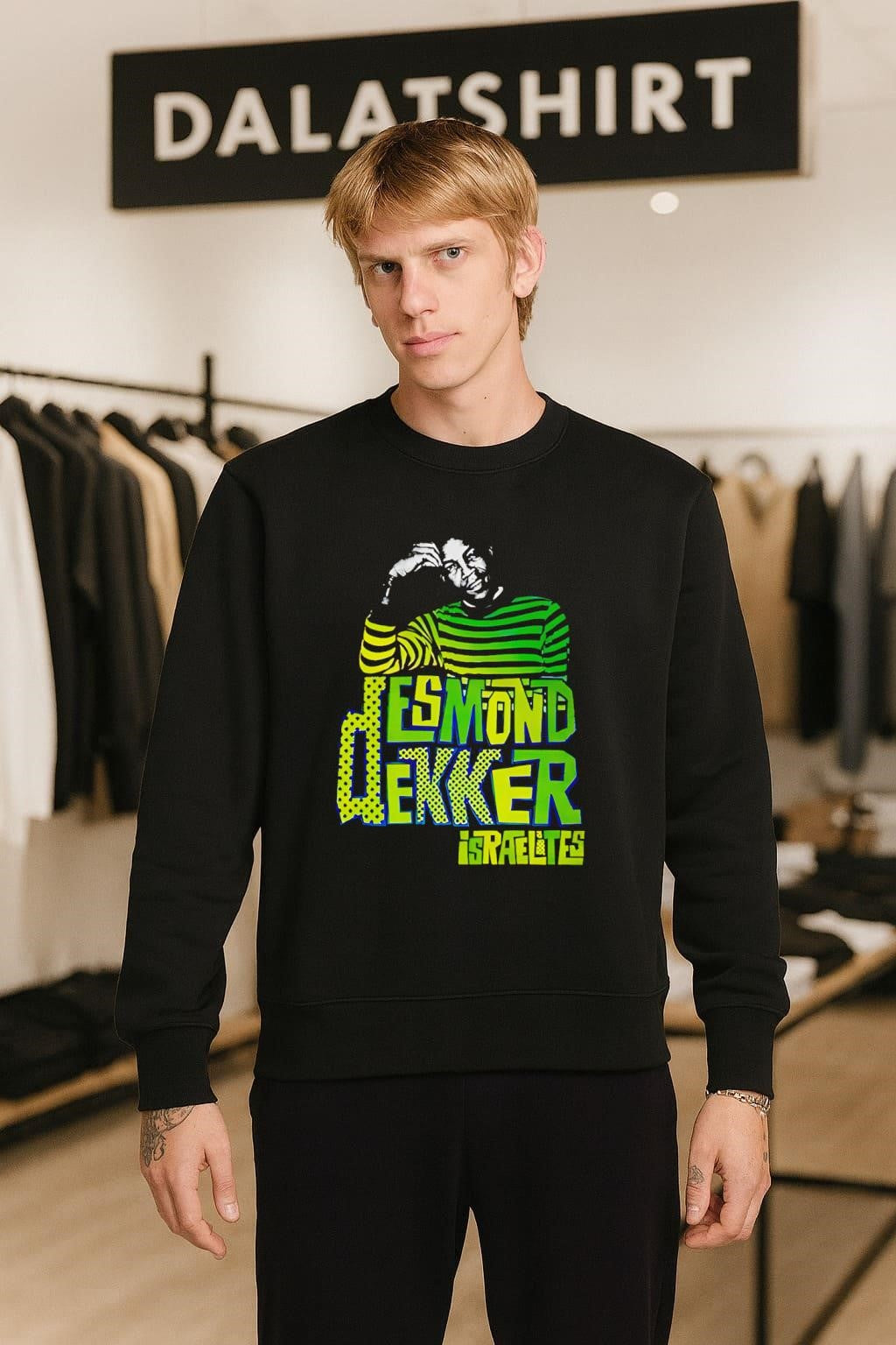 Desmond Dekker Israelites Portrait Green And Yellow Striped shirt