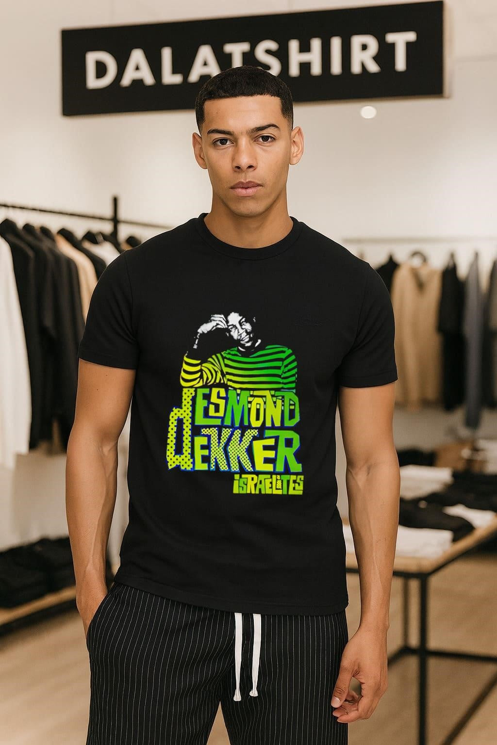 Desmond Dekker Israelites Portrait Green And Yellow Striped shirt