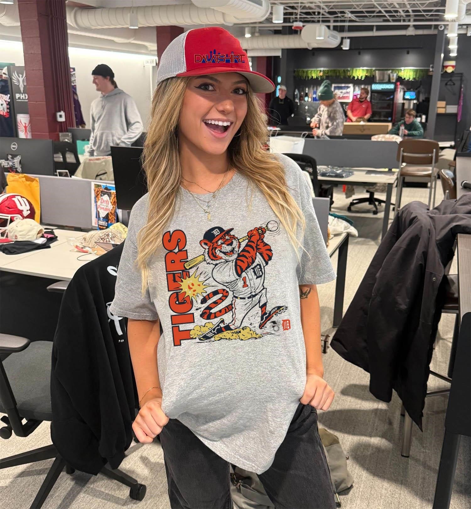 Detroit Tigers baseball mascot hitting a ball graphic shirt