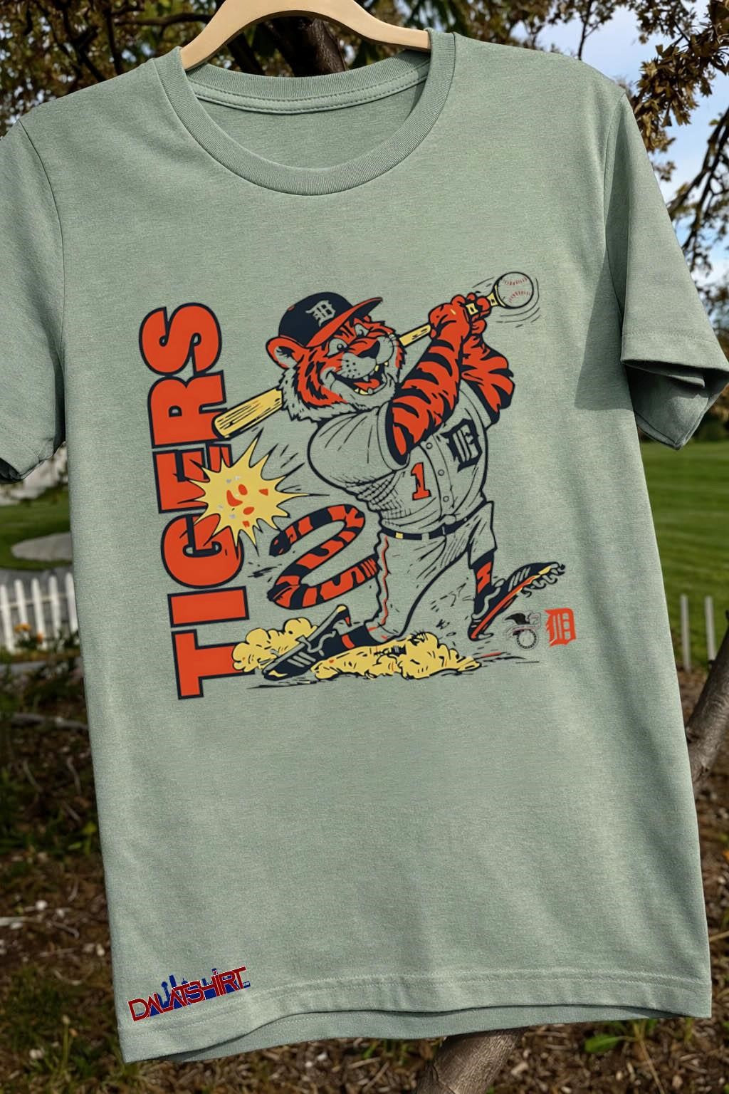 Detroit Tigers baseball mascot hitting a ball graphic shirt