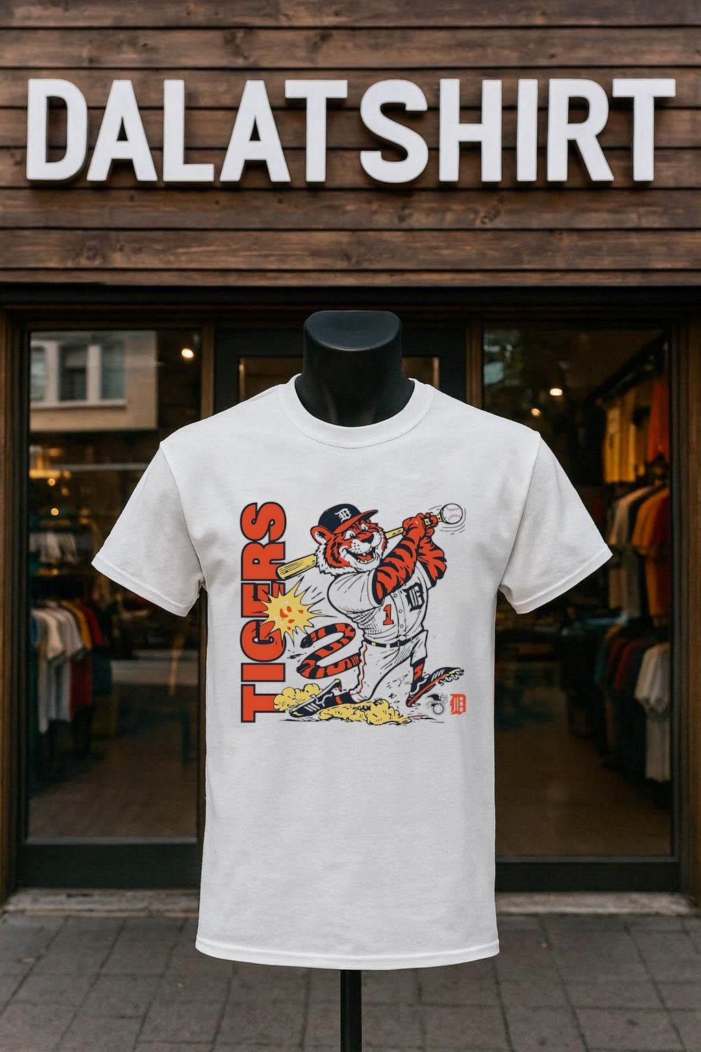 Detroit Tigers baseball mascot hitting a ball graphic shirt