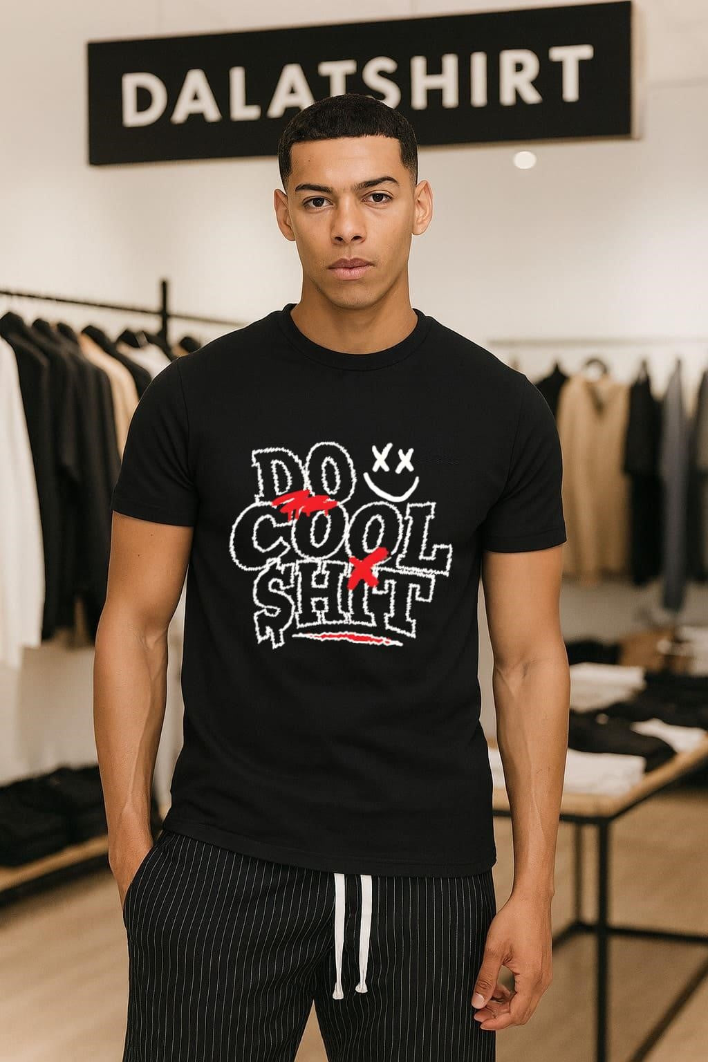Do Cool Shit White Scribble Text Smiley Face Red Paint shirt