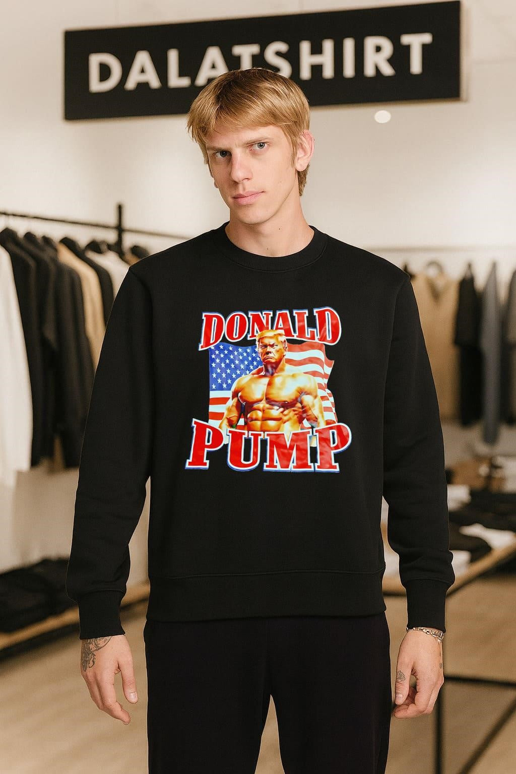 Donald Pump Muscular Donald Trump American Flag Graphic shirt