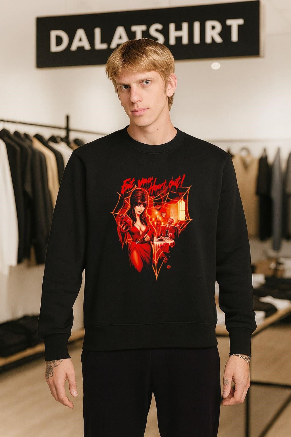 Elvira Eat Your Heart Out Spiderweb Horror Hostess shirt