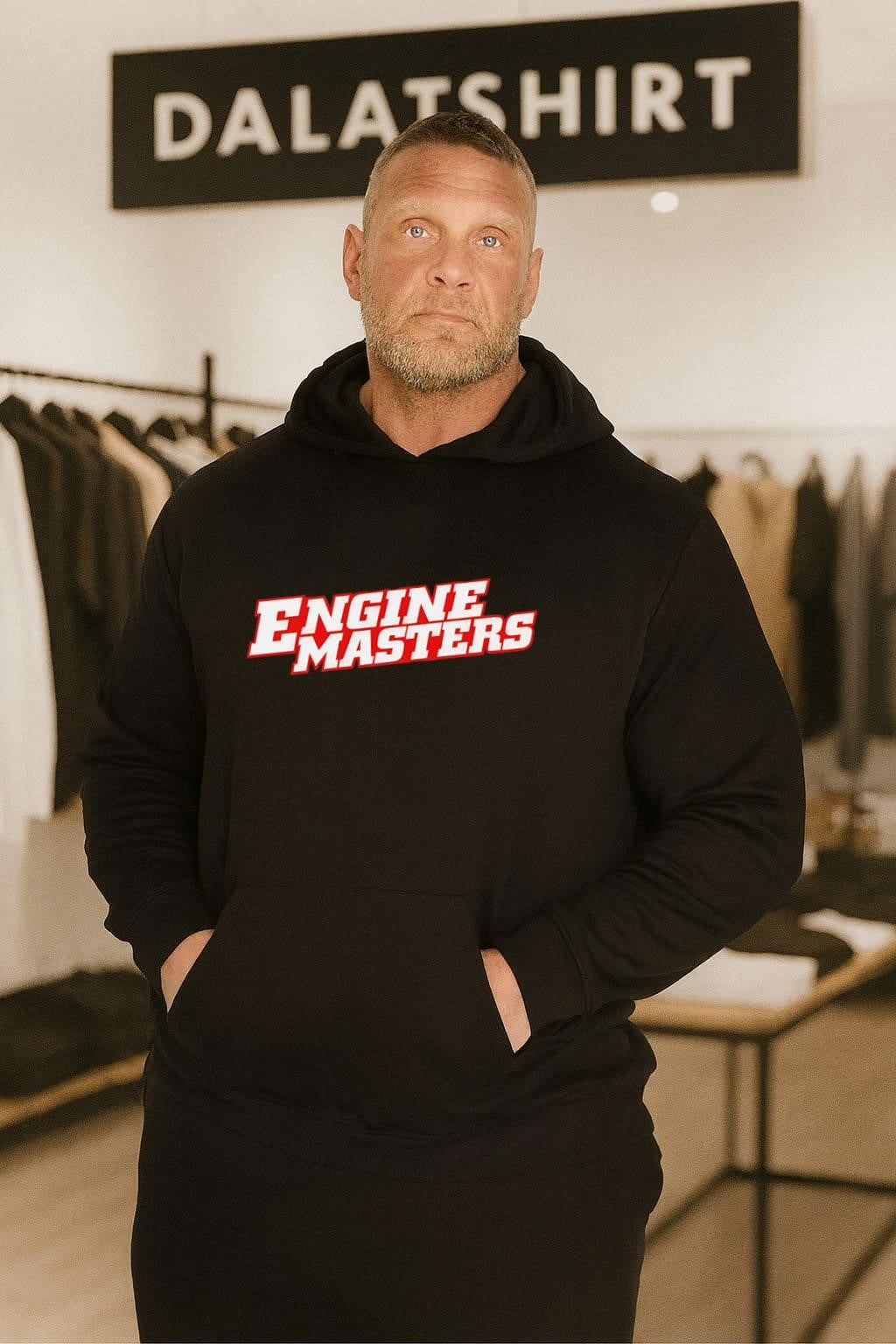 Engine Masters red and white slanted block typography shirt