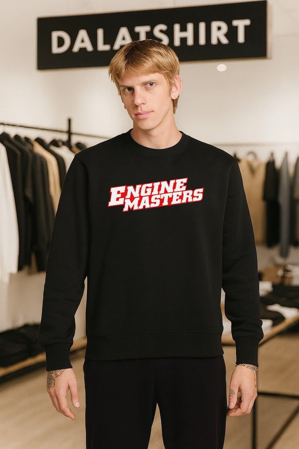 Engine Masters red and white slanted block typography shirt