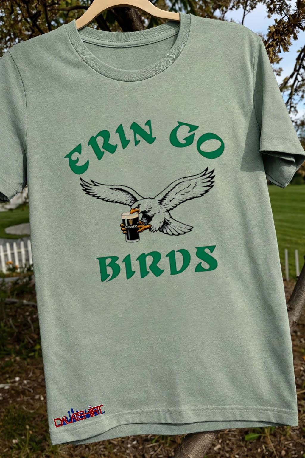 Erin Go Birds Eagle holding a Guinness shirt