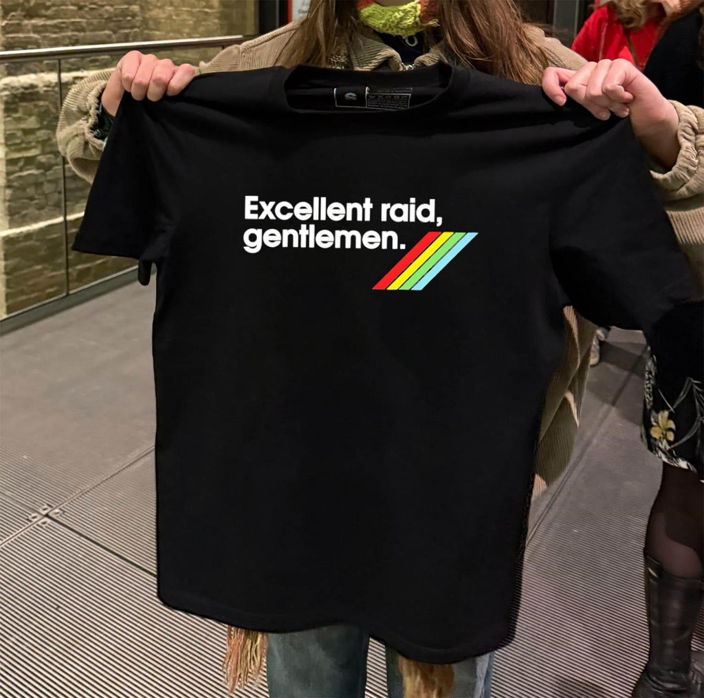 Excellent Raid Gentlemen Text with Retro Rainbow Stripes shirt